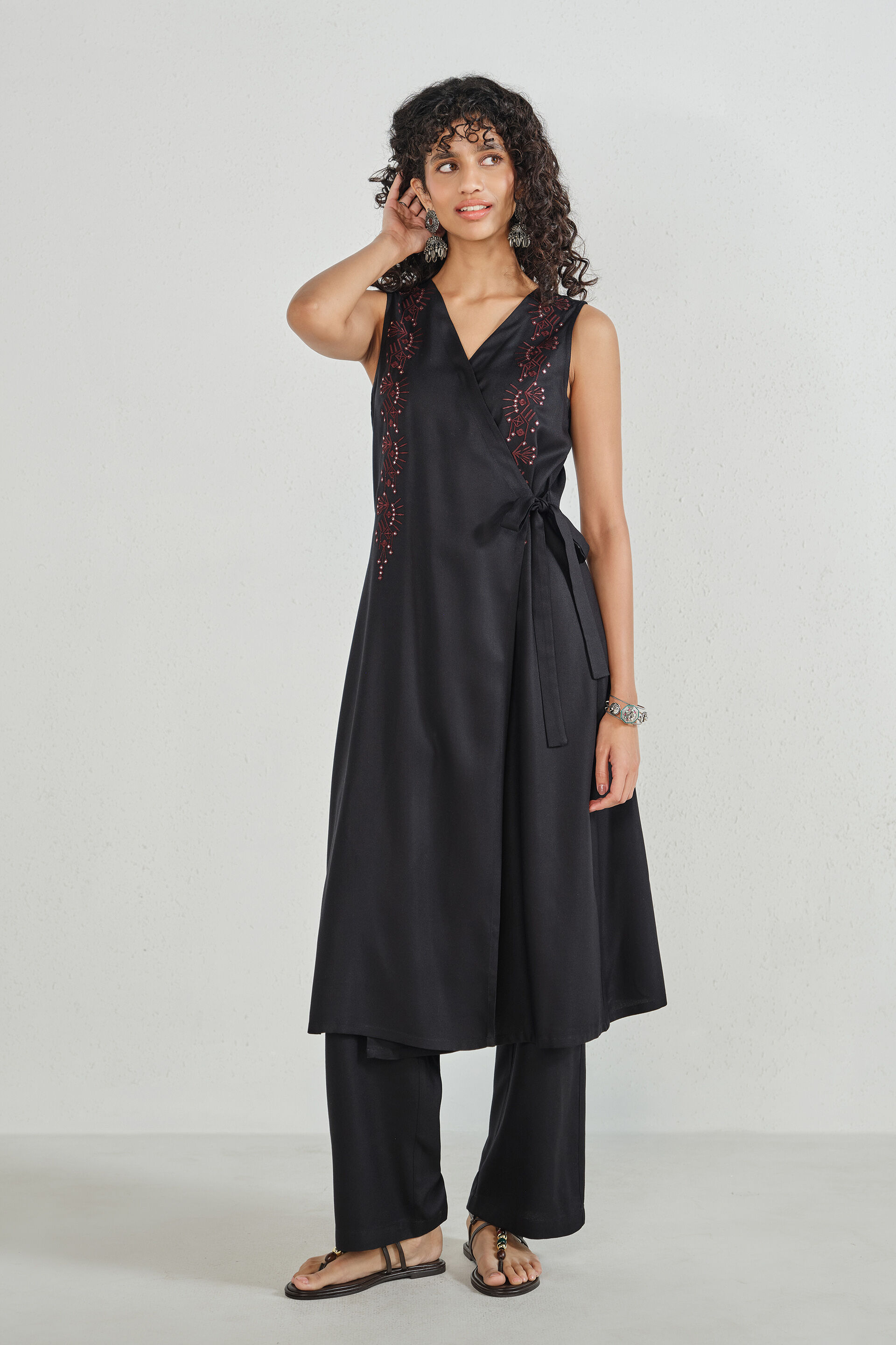 Black Embroidered Overlap Kurta Set, Black, image 2